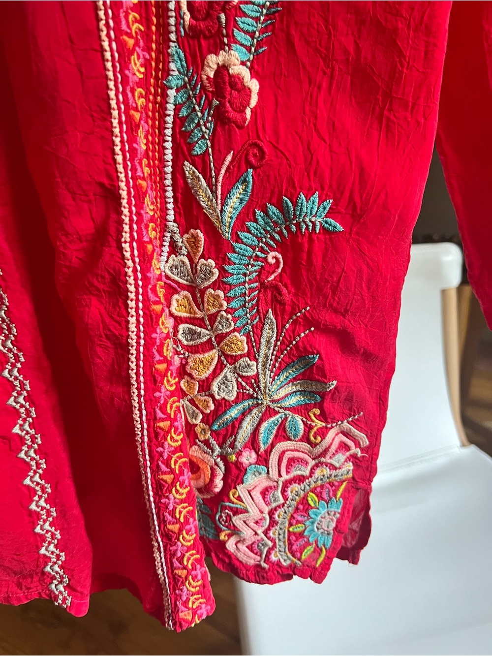 Johnny Was Red Embroidered Button Neck Tunic Blouse - Picture 6 of 13